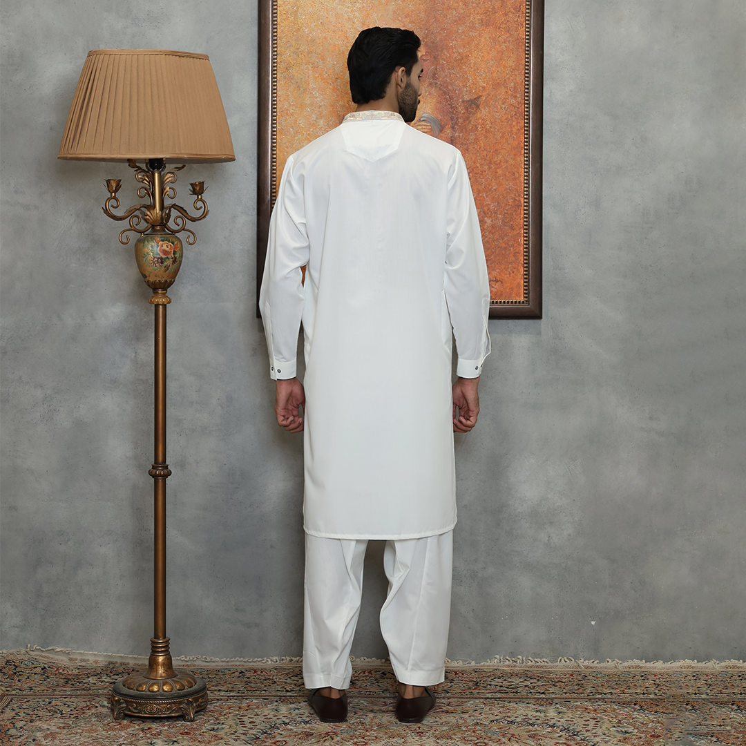 Poly Viscose Cloud Dancer Classic Fit Embroidered Suit