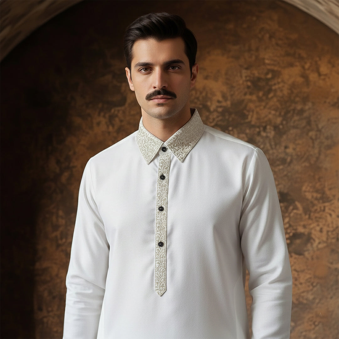 Poly Viscose Cloud Dancer Classic Fit Embroidered Suit