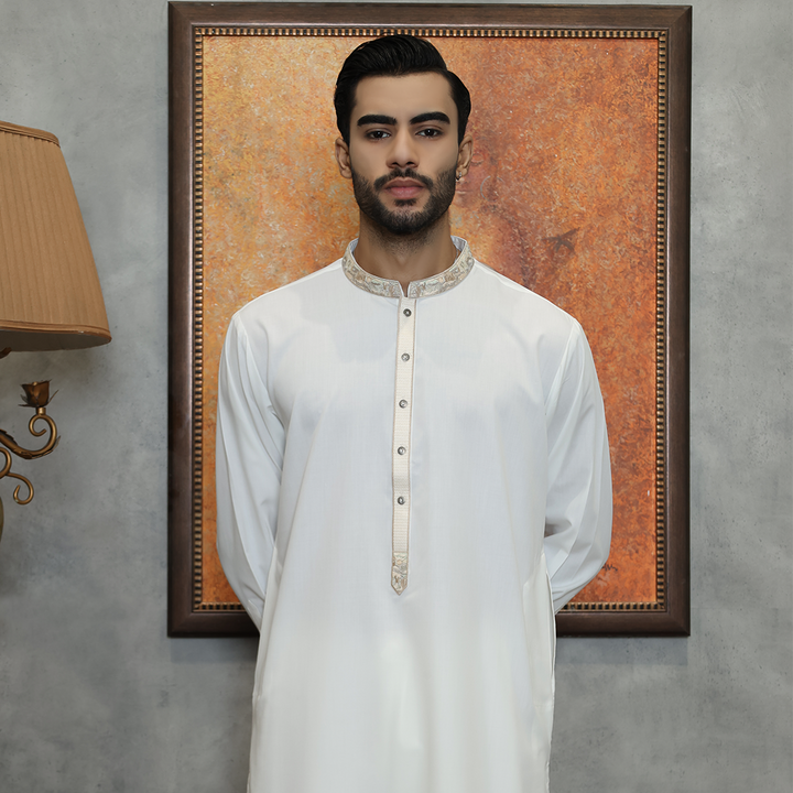 Poly Viscose Cloud Dancer Classic Fit Embroidered Suit