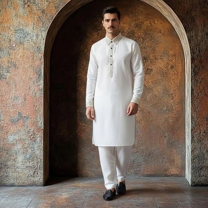 Poly Viscose Cloud Dancer Classic Fit Embroidered Suit