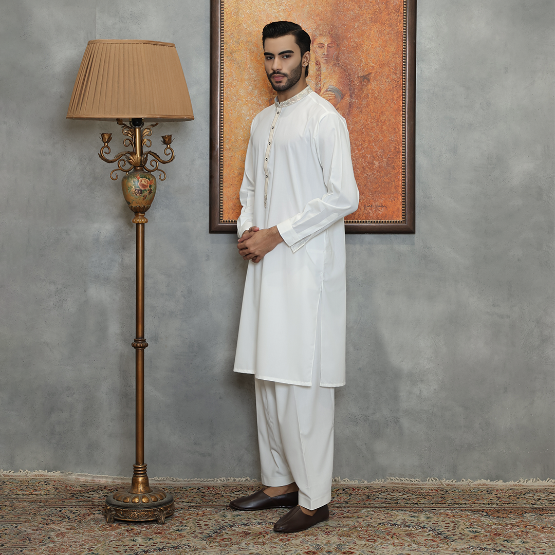 Poly Viscose Cloud Dancer Classic Fit Embroidered Suit