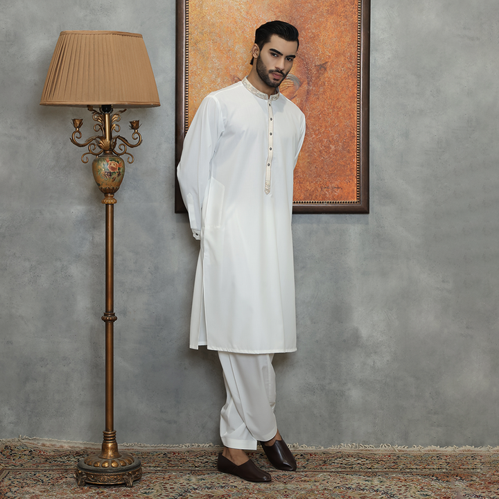 Poly Viscose Cloud Dancer Classic Fit Embroidered Suit