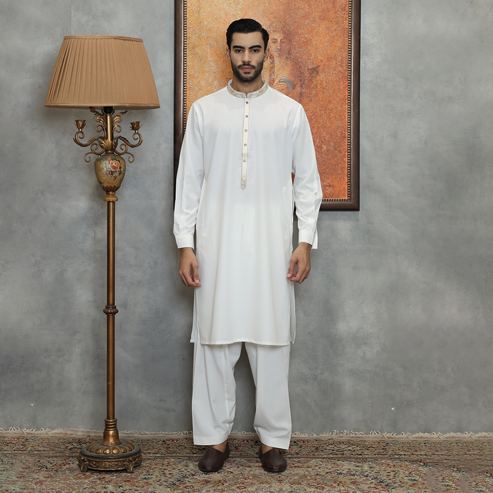 Poly Viscose Cloud Dancer Classic Fit Embroidered Suit