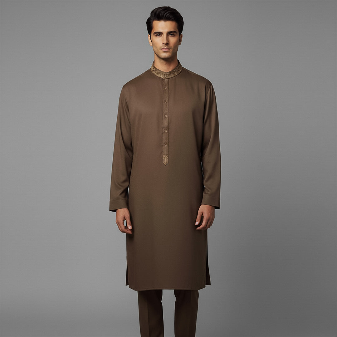Poly Viscose Cocoa Brown Classic Fit Slightly Defected  Embroidered Suit