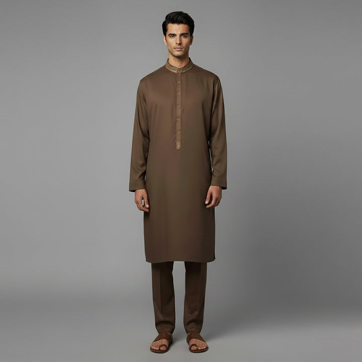 Poly Viscose Cocoa Brown Slim Fit Embroidered Suit