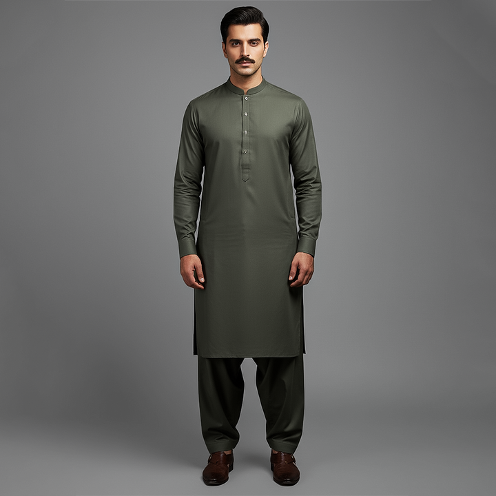 Poly Viscose Dark Olive Classic Fit Slightly Defected Plain Suit