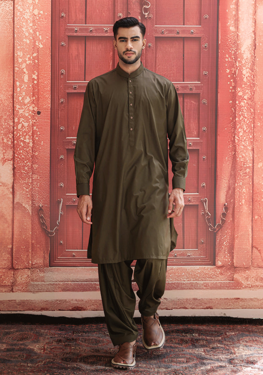 PV Dark Olive Classic Fit Plain Kameez Shalwar
