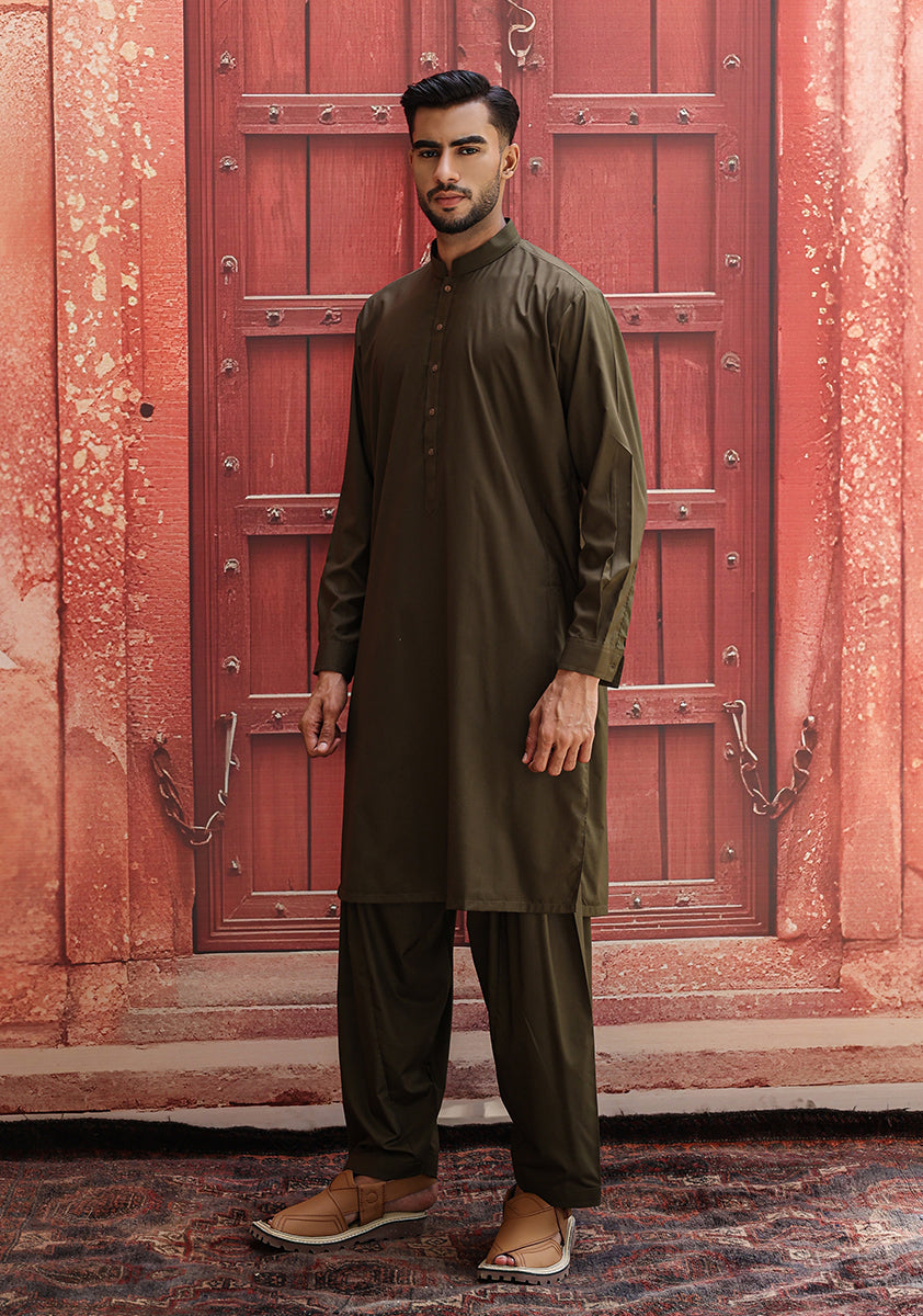 Poly Viscose Dark Olive Classic Fit Suit