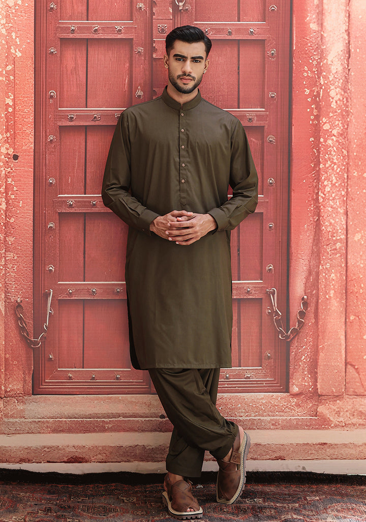PV Dark Olive Classic Fit Plain Kameez Shalwar