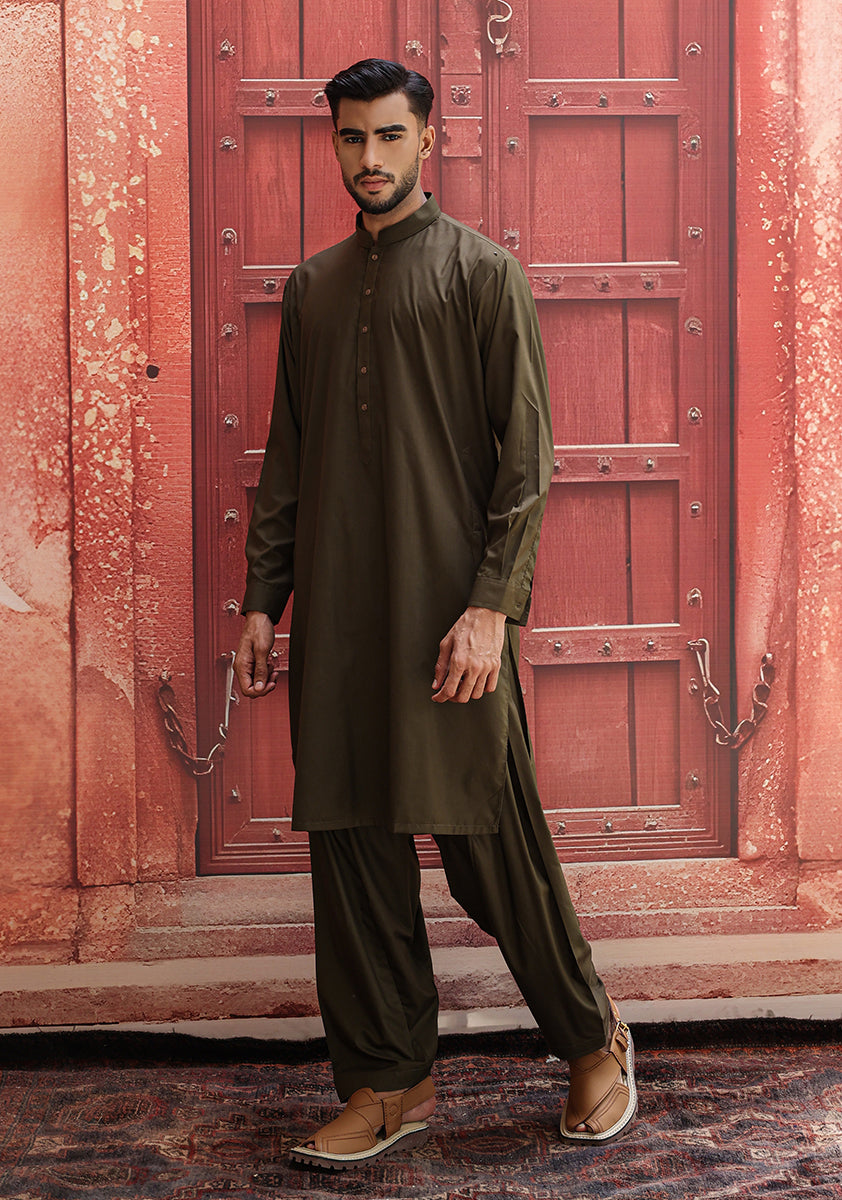 Poly Viscose Dark Olive Classic Fit Suit