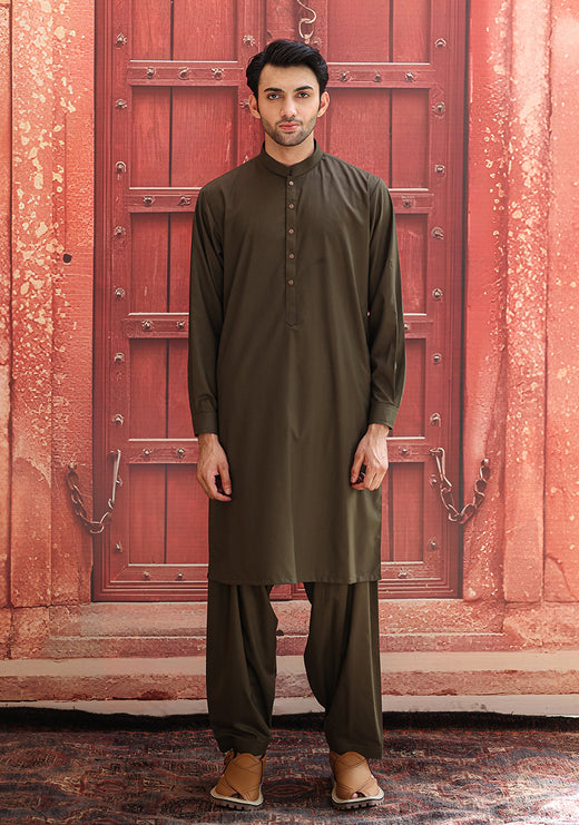 PV Dark Olive Classic Fit Plain Kurta Shalwar