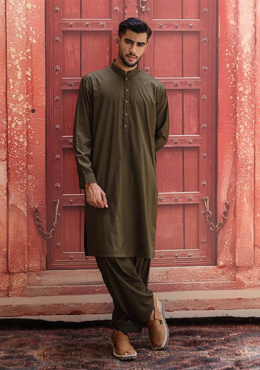 PV Dark Olive Classic Fit Plain Kameez Shalwar