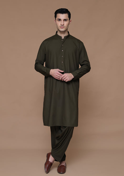 PV Dark Olive Slim Fit Plain Kameez Shalwar