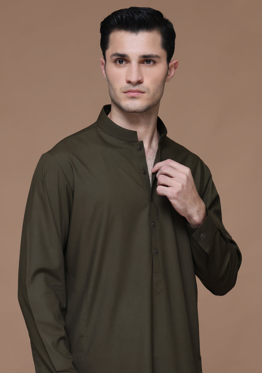 Poly Viscose Dark Olive Slim  Fit Suit