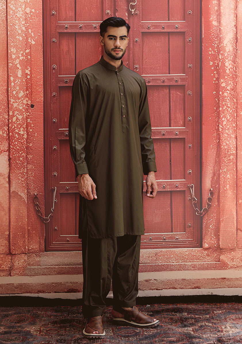 Poly Viscose Dark Olive Slim Fit Suit