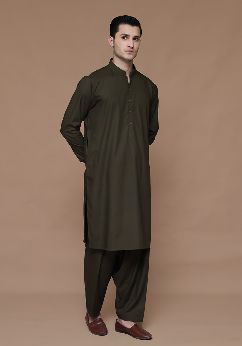 Poly Viscose Dark Olive Slim Fit Suit