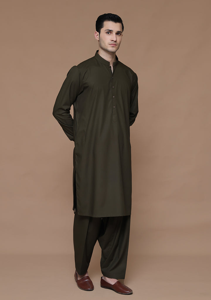 Poly Viscose Dark Olive Slim Fit Suit