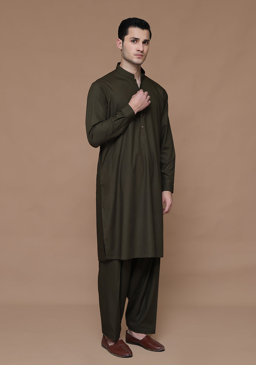 Poly Viscose Dark Olive Slim Fit Suit