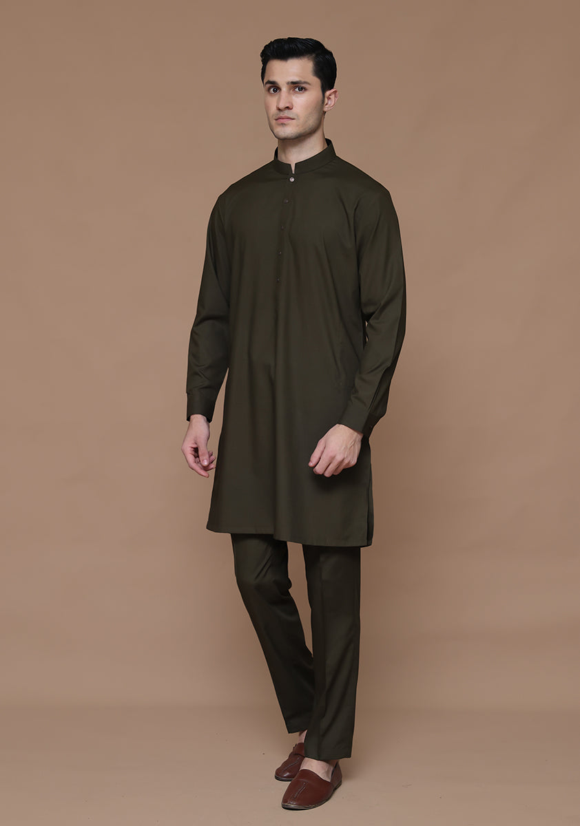 Poly Viscose Dark Olive Slim  Fit Suit