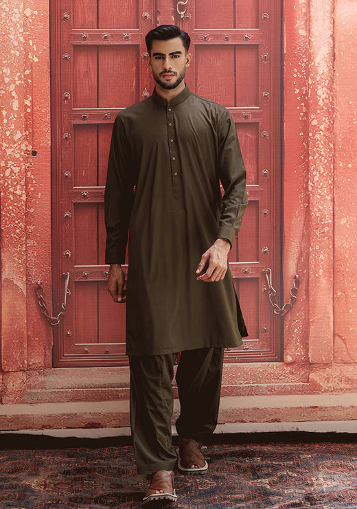 PV Dark Olive Slim Fit Plain Kameez Shalwar