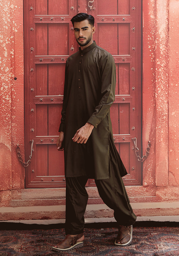 Poly Viscose Dark Olive Slim Fit Suit