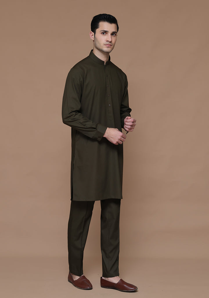 Poly Viscose Dark Olive Slim  Fit Suit