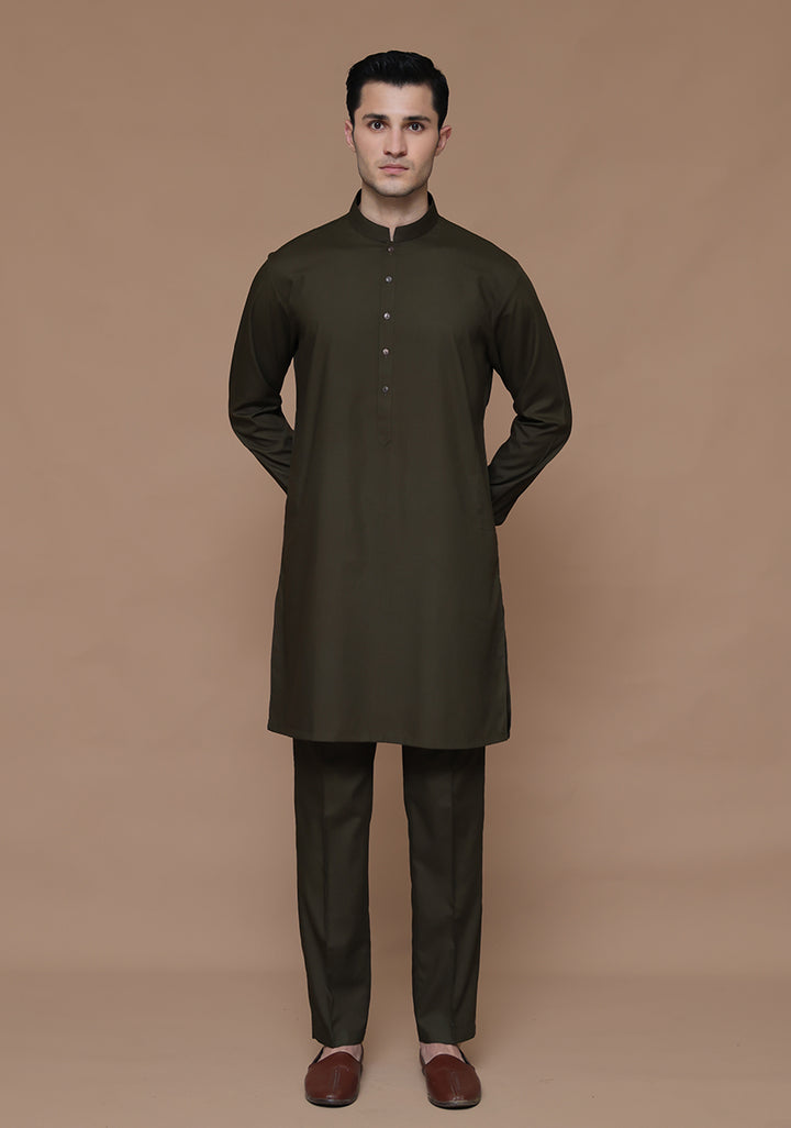 Poly Viscose Dark Olive Slim  Fit Suit