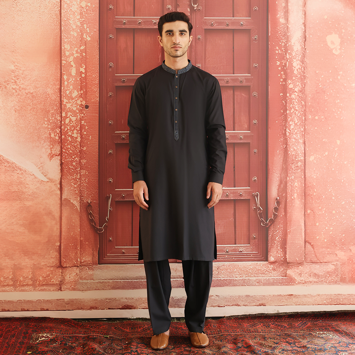 Poly Viscose Dark Shadow Slim Fit Embroidered Suit