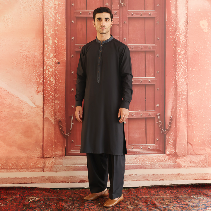 Poly Viscose Dark Shadow Slim Fit Embroidered Suit