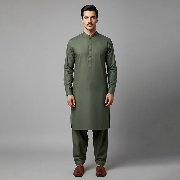 Poly Viscose Dusty Olive Classic Fit Plain Suit