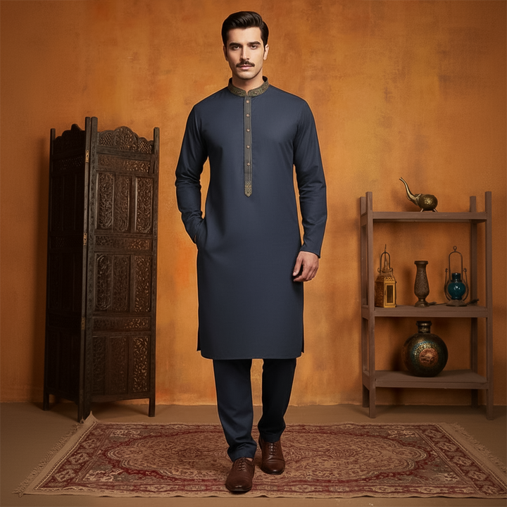 Poly Viscose Ebony Slim Fit Embroidered Suit
