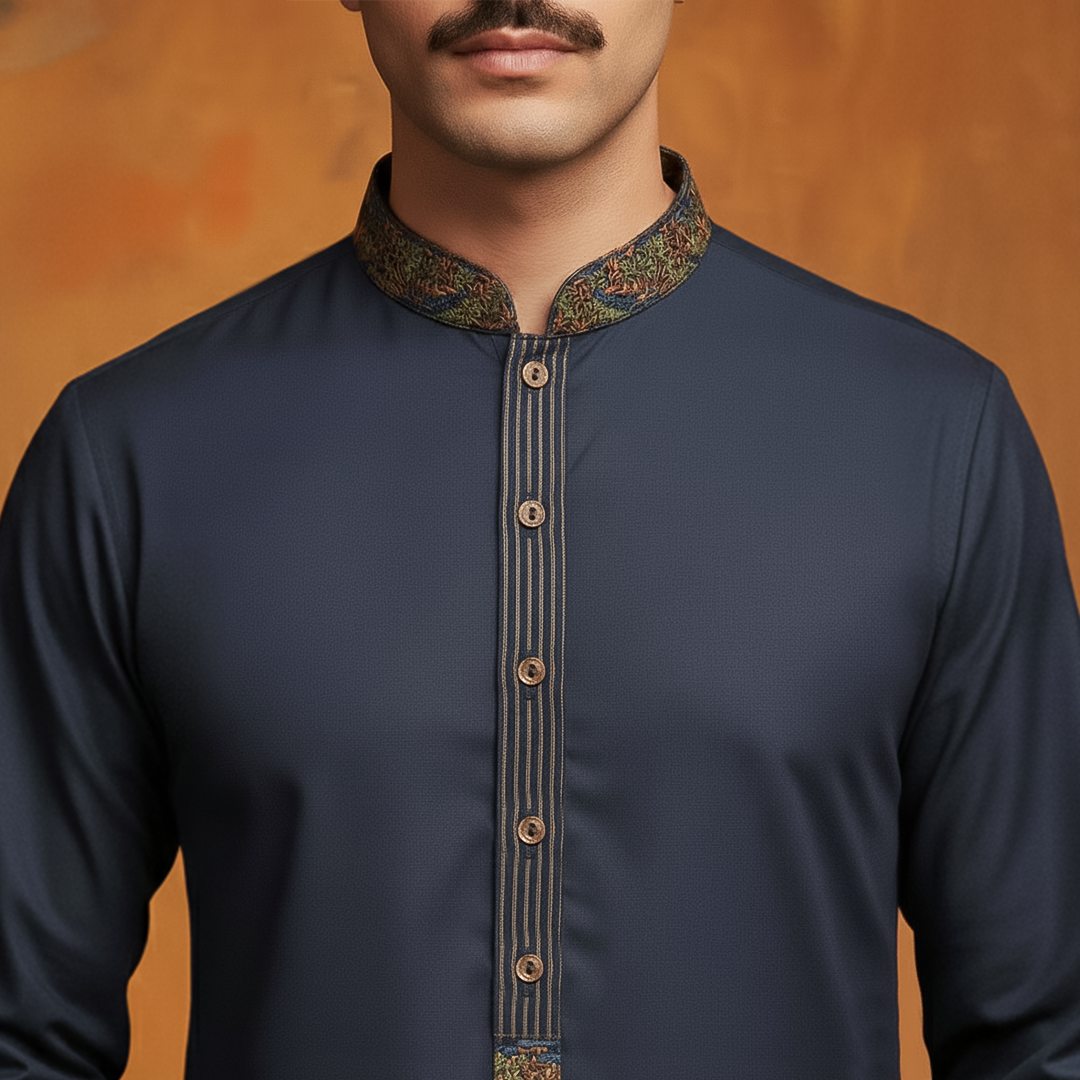 Poly Viscose Ebony Slim Fit Slightly Defected Embroidered Suit
