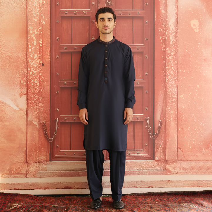 Poly Viscose Navy Blue Classic Fit Embroidered Suit