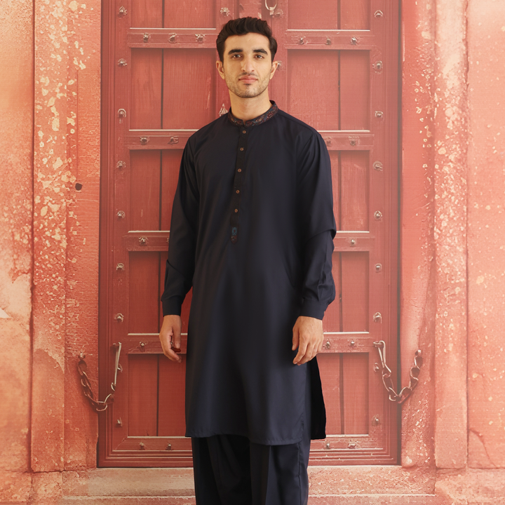 Poly Viscose Navy Blue Classic Fit Embroidered Suit