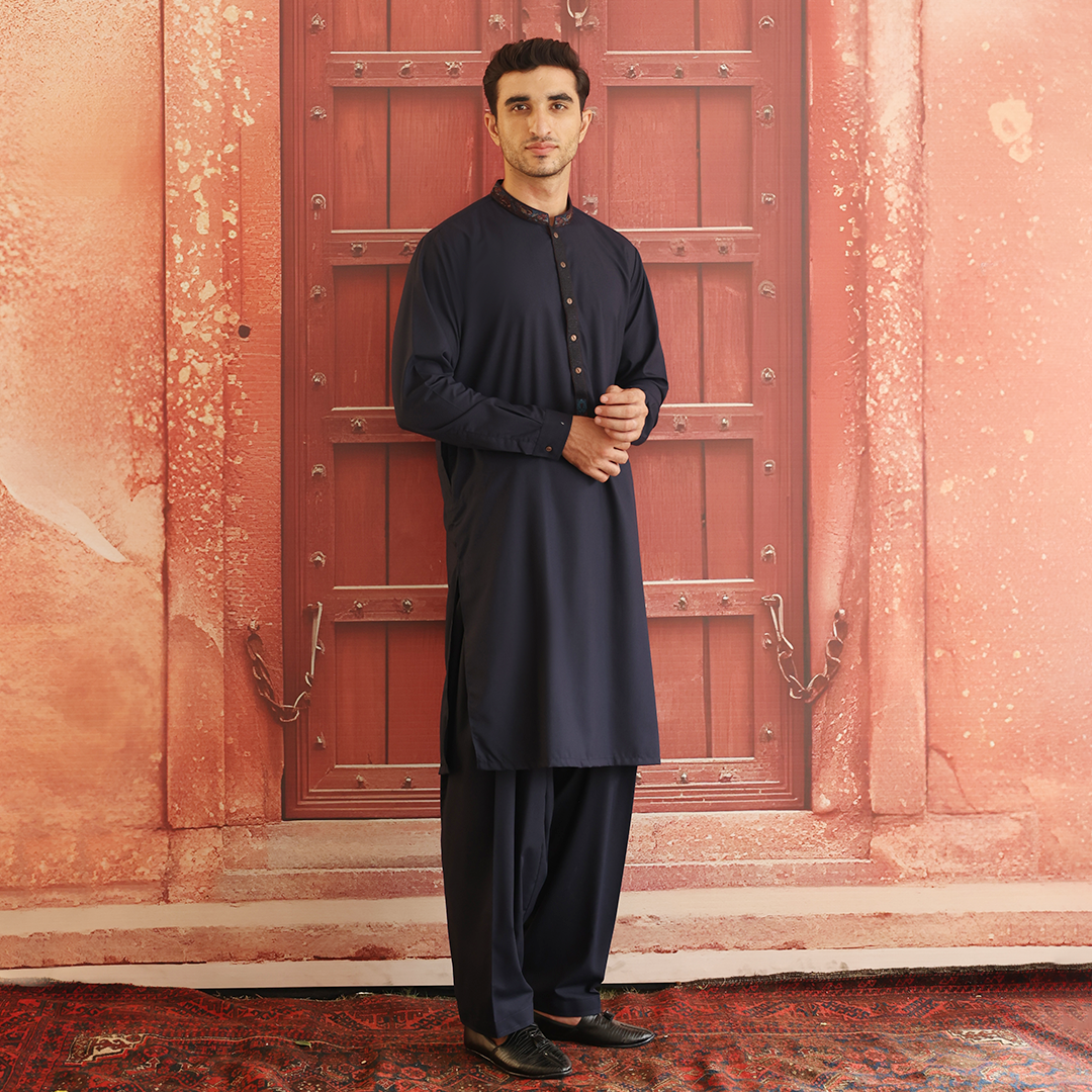 Poly Viscose Navy Blue Classic Fit Embroidered Suit