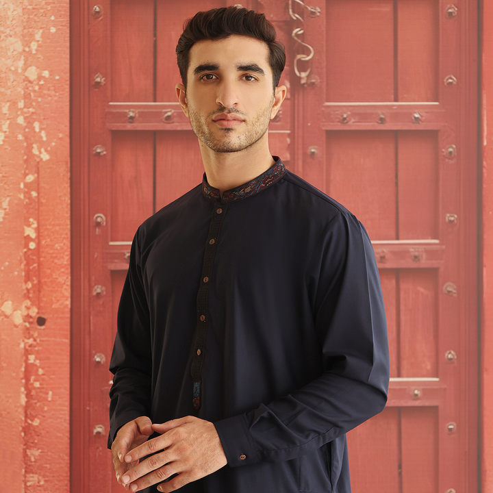 Poly Viscose Navy Blue Classic Fit Embroidered Suit