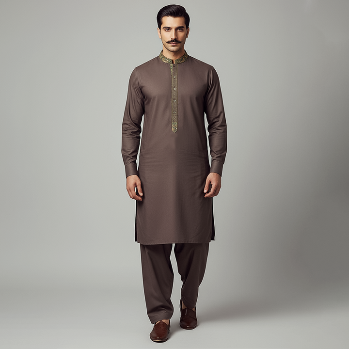 Poly Viscose Puce Classic Fit Embroidered Suit