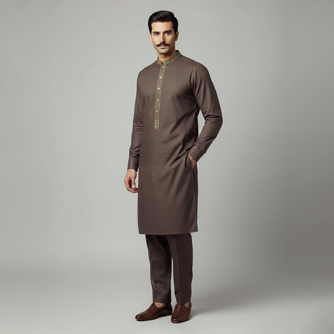 Poly Viscose Puce Slim Fit Embroidered Suit