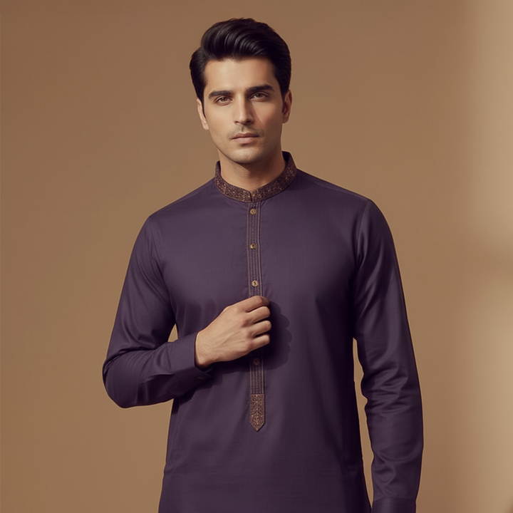 Poly Viscose Purple Slightly Defected Classic Fit Embroidered Suit