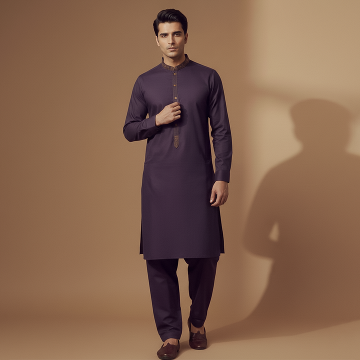 Poly Viscose Purple Slightly Defected Classic Fit Embroidered Suit