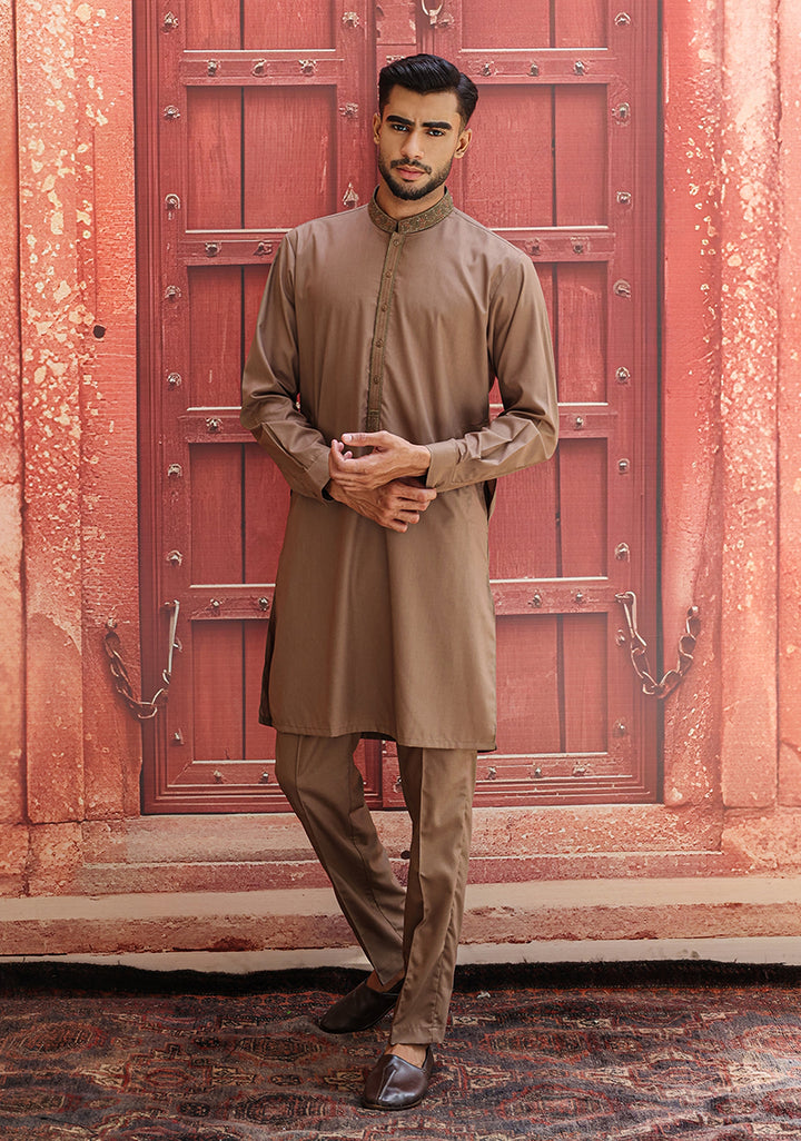 Poly Viscose Wood Smoke Slim Fit Embroidered Suit