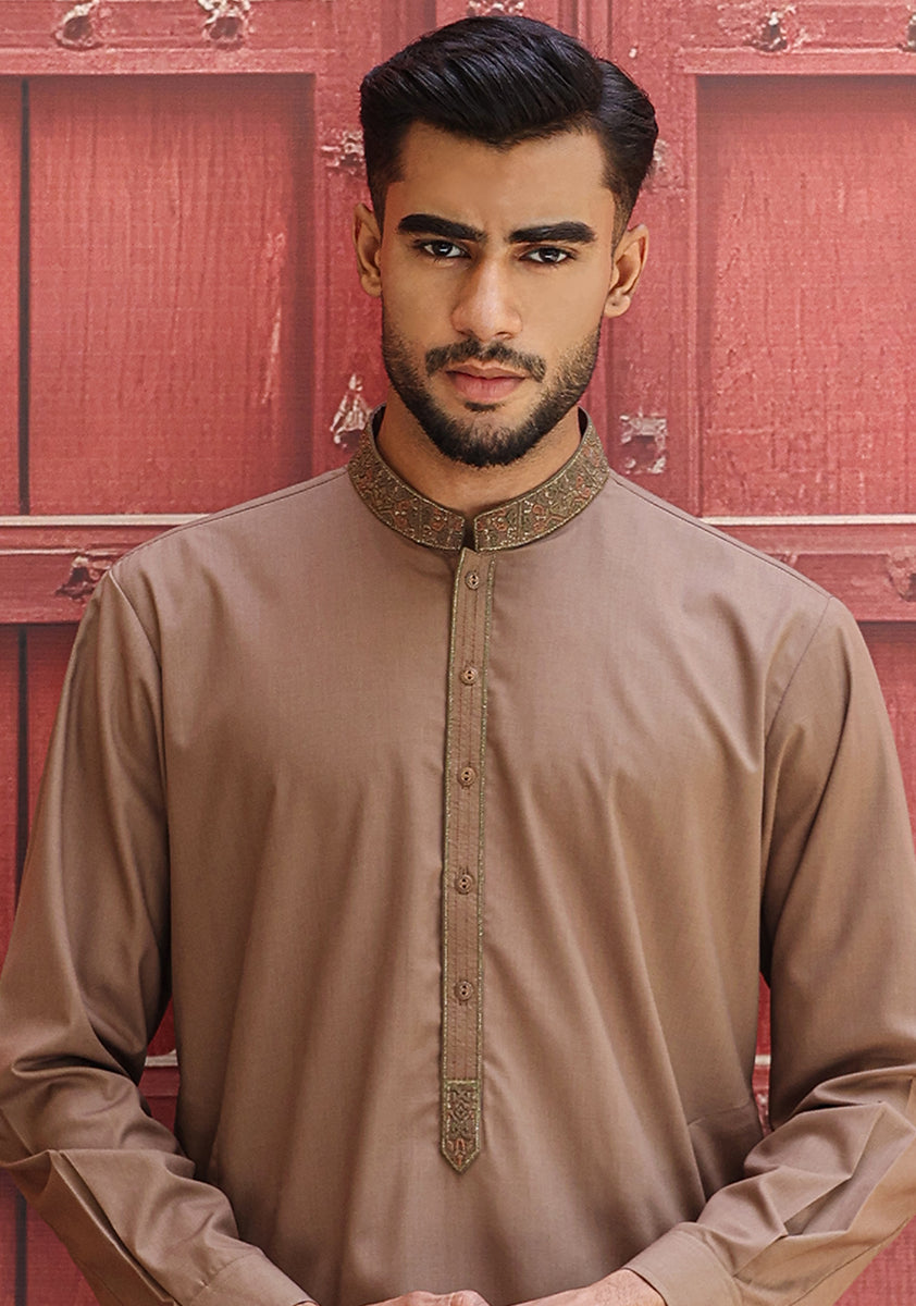 Poly Viscose Wood Smoke Slim Fit Embroidered Suit