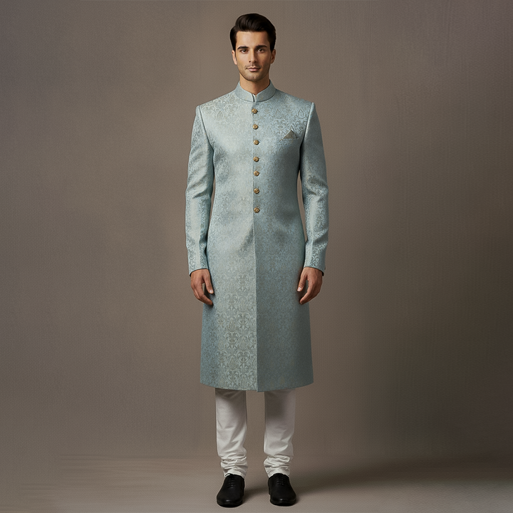 Premium Atlas Jamawar Pastel Blue  Sherwani