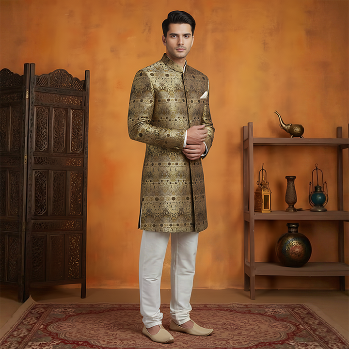 Premium Jamawar Dark Brown Traditional Sherwani