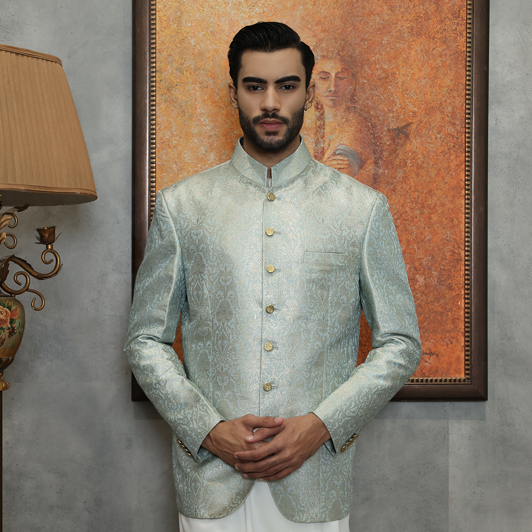 Premium Jamawar Pastel Blue Jacket