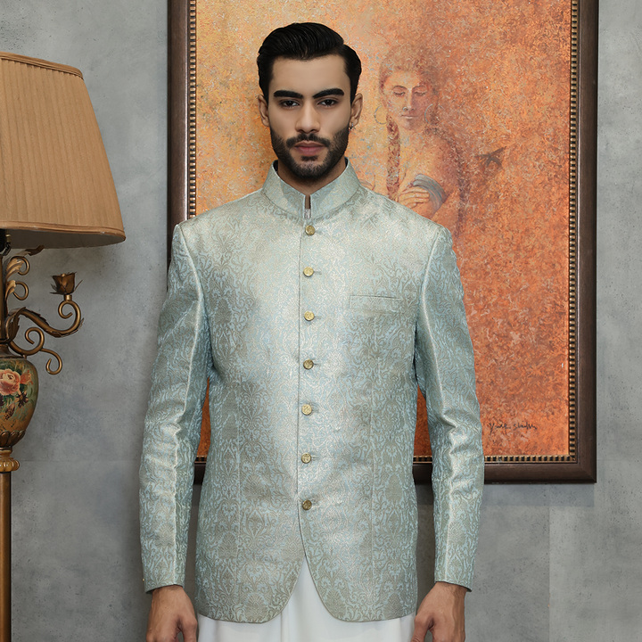 Premium Jamawar Pastel Blue Jacket