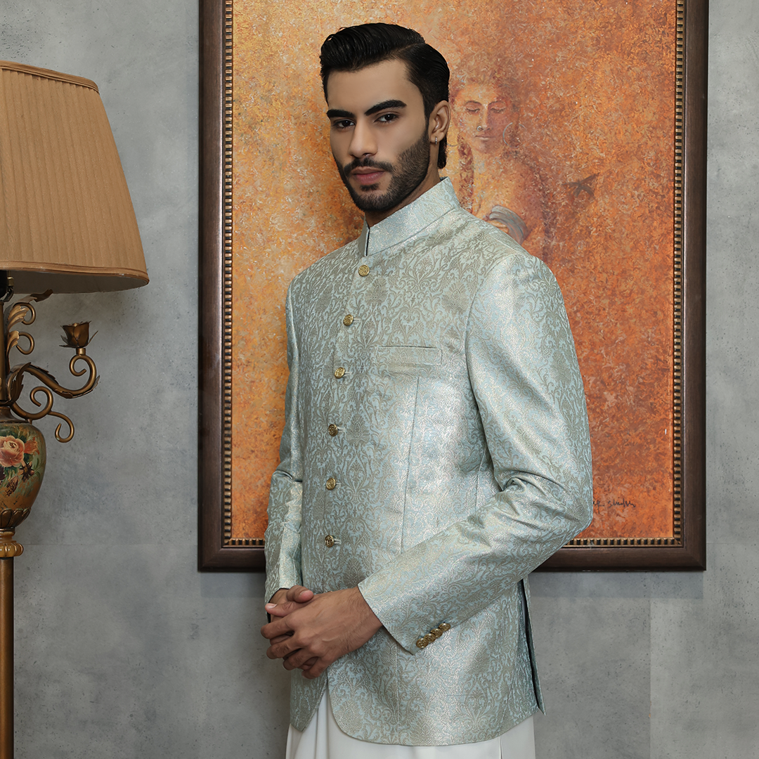 Premium Jamawar Pastel Blue Jacket