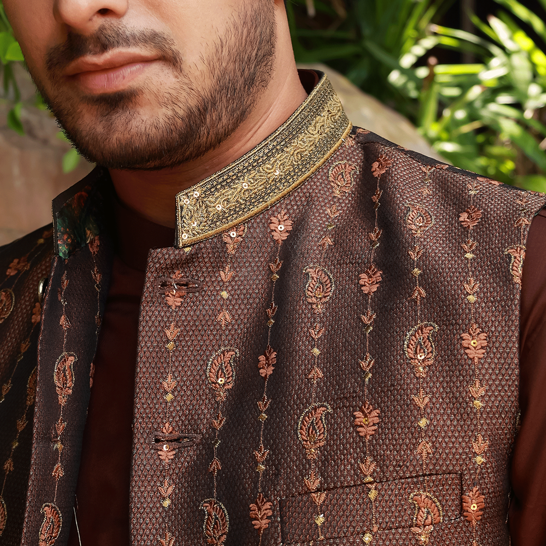 Premium Jamawar Rust Traditional Waistcoat