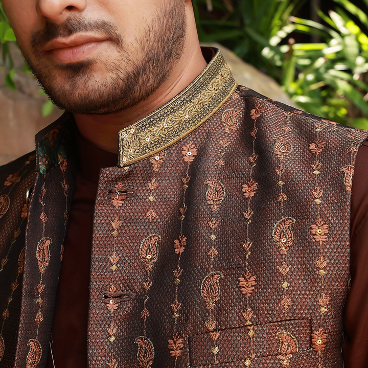 Premium Jamawar Rust Traditional Waistcoat