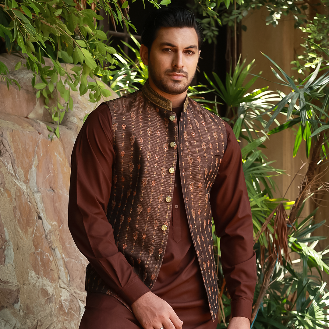 Premium Jamawar Rust Traditional Waistcoat